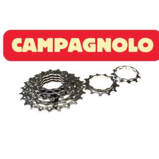 Image d'une cassette de vélo détourée accompagnée du titre "Campagnolo" pour illustrer la marque de la cassette