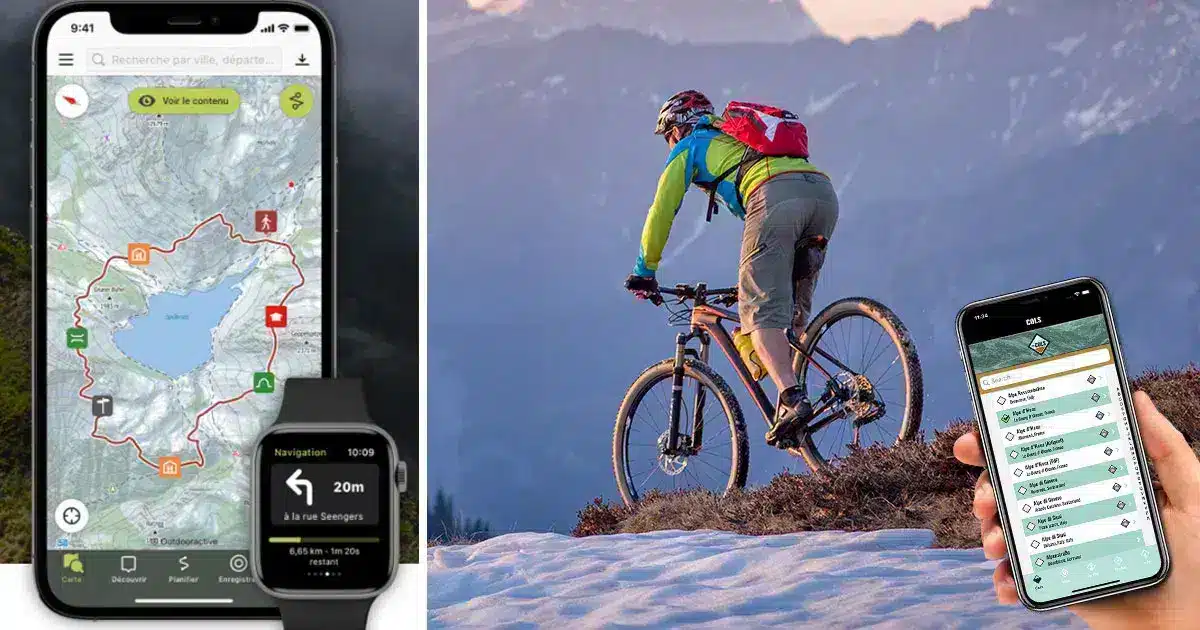 6 applications pour vous déplacer ou voyager à vélo 1 Image d'illustration séparée en deux parties : à gauche un téléphone sur lequel s'affiche une application mobile d'itinéraires pour vélo. A gauche un cycliste en montage sur de la neige.